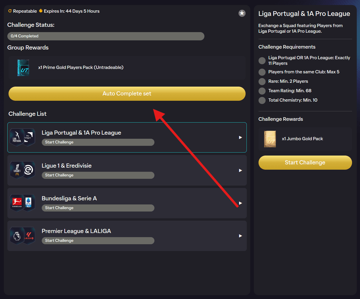 Open the auto complete set panel