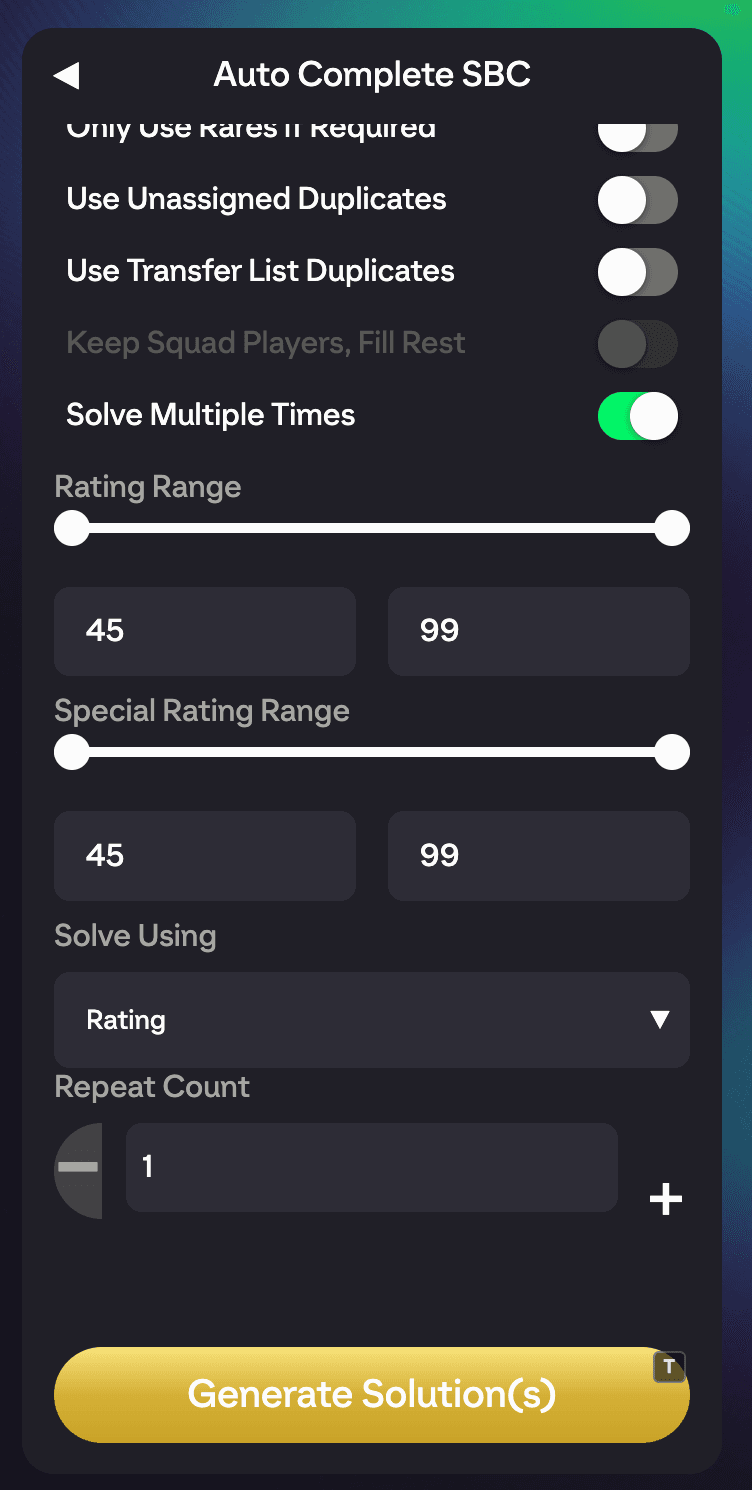 The Auto Complete panel with the Solve Multiple Times toggle ON and the Repeat Count spinner visible