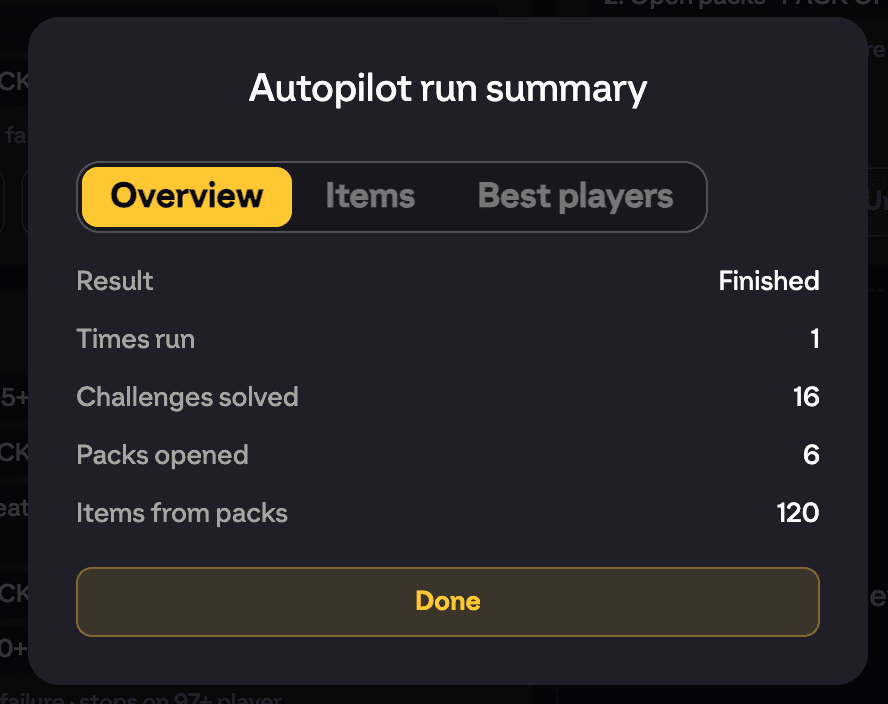 Autopilot run summary with the Overview, Best players and Items tabs visible and the Overview metrics shown