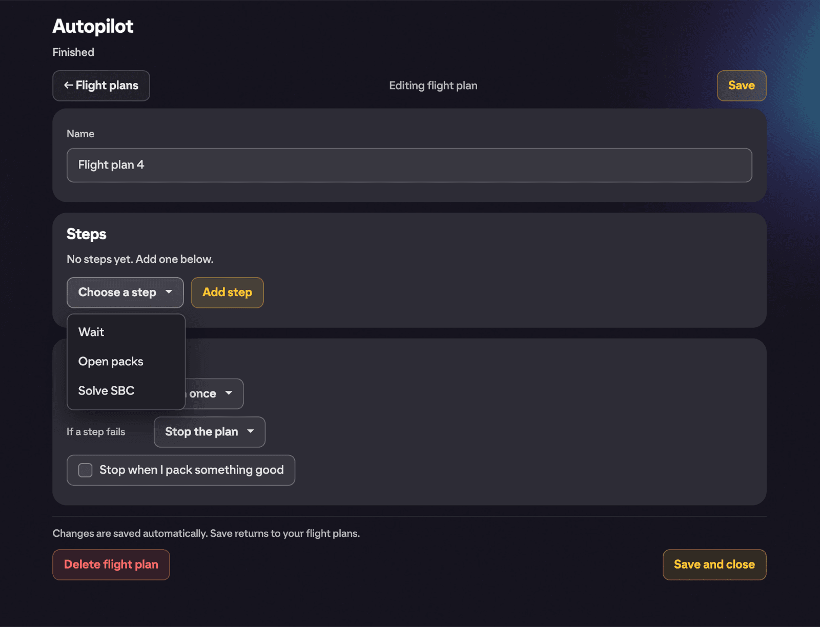 The Choose a step picker or an editor showing a Solve SBC step, an Open packs step and a Wait step configured