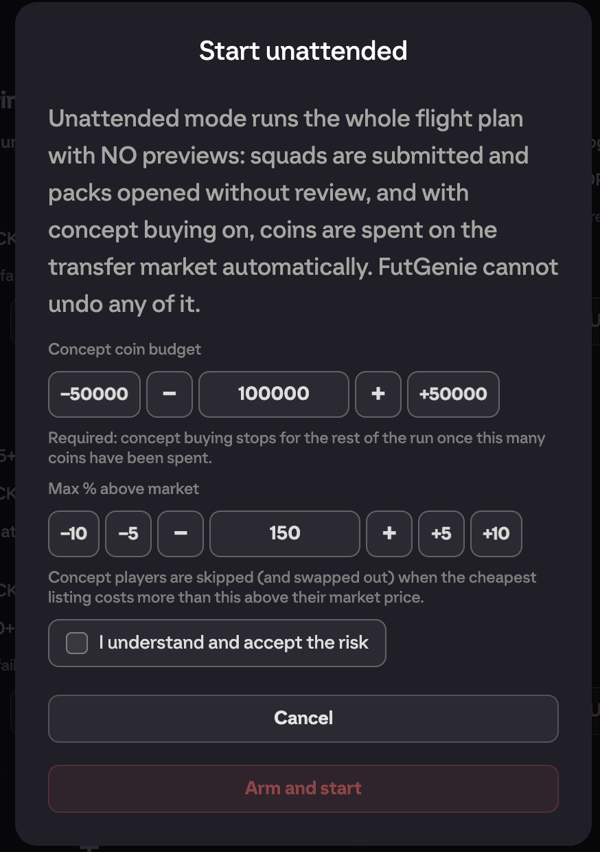 Start unattended modal showing the warning text, Concept coin budget, Max % above market, the I understand checkbox and the Arm and start button