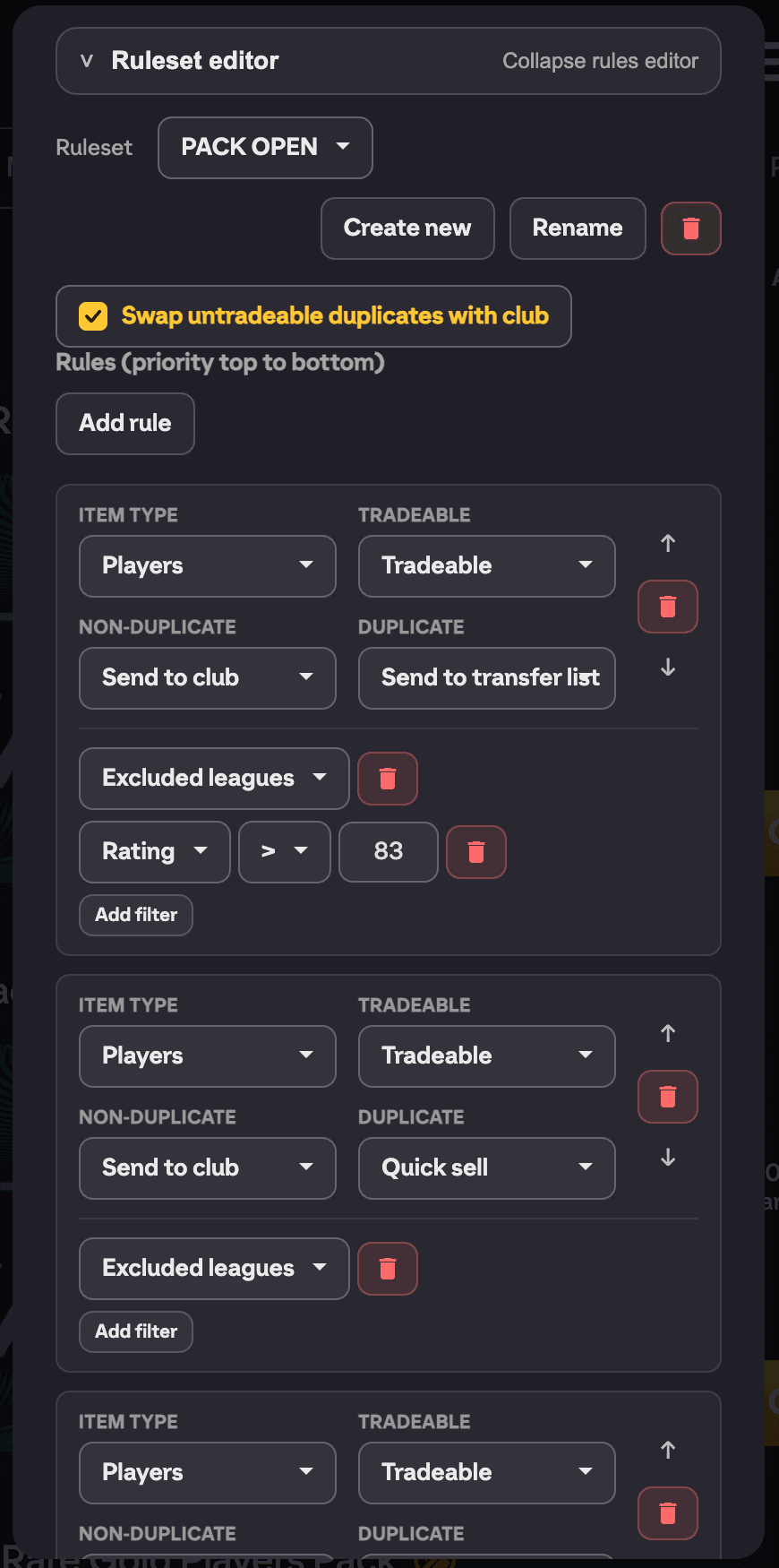 Expanded ruleset editor showing several rules with Item type, Tradeable, Non-duplicate and Duplicate columns plus a Rating filter and the Fallback rule