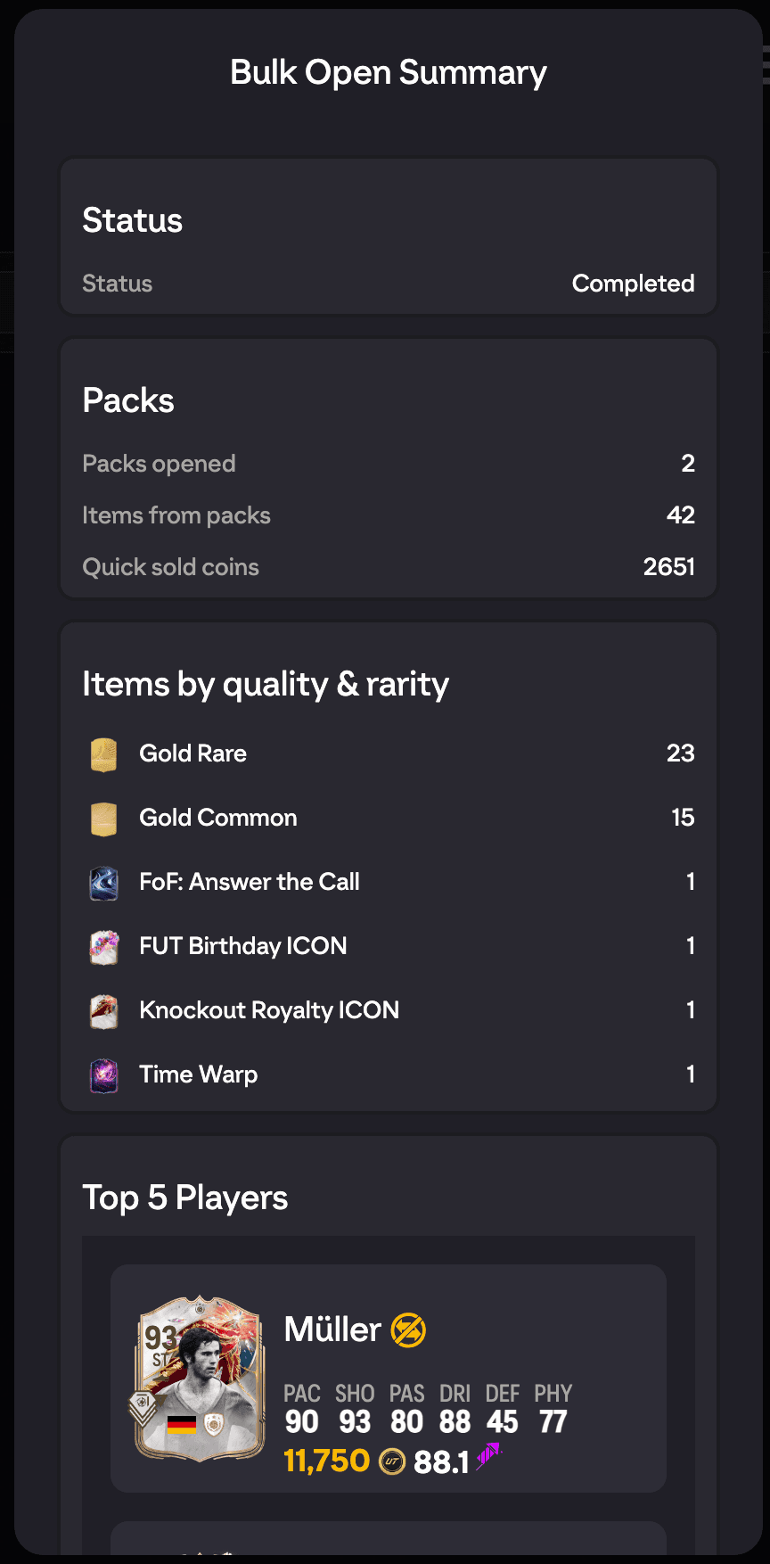 Bulk Open Summary modal showing Status, Packs, Actions, Top 5 Players and the items by quality and rarity breakdown