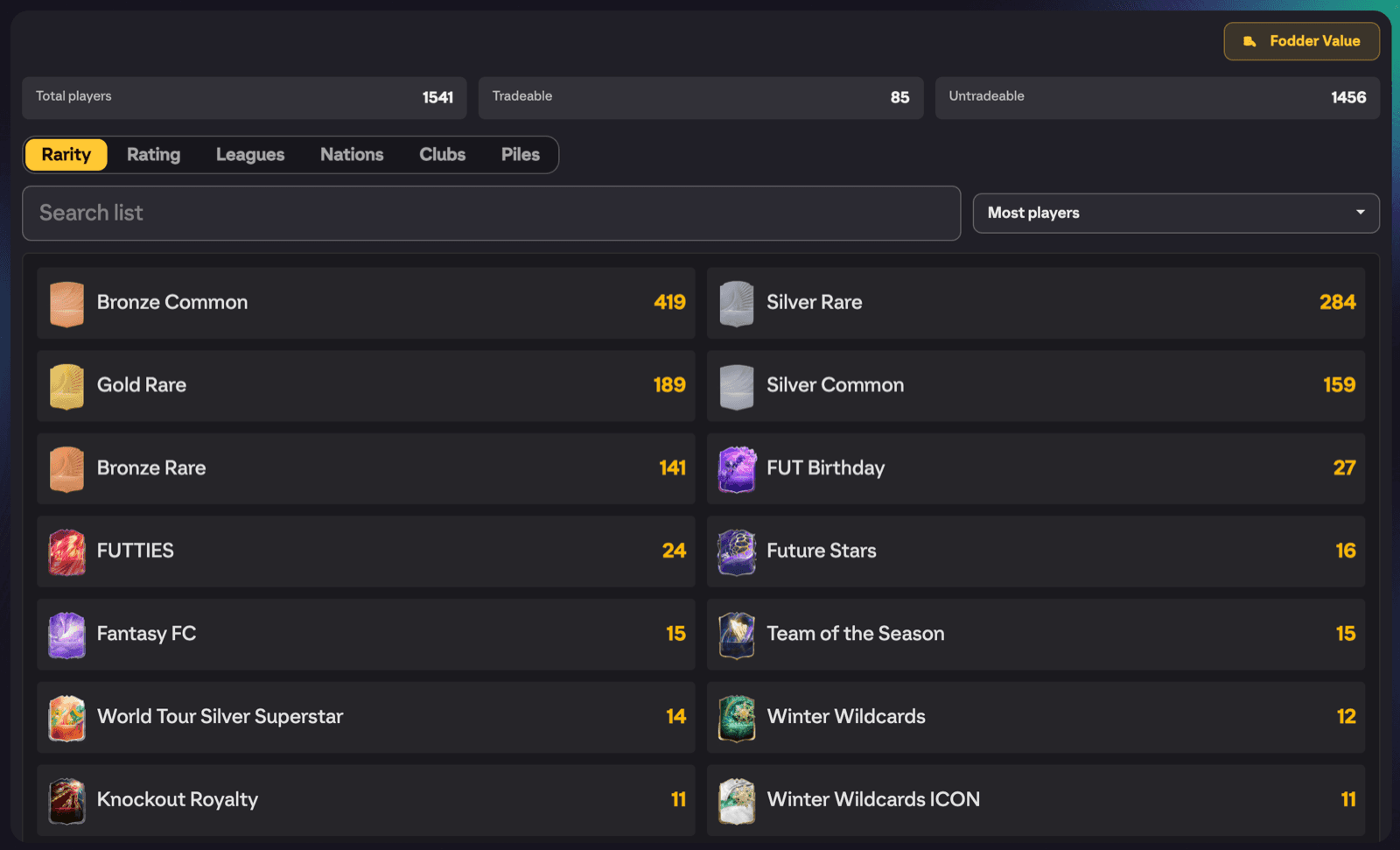 Club Insights showing the summary row and the Leagues tab with the search box and Most players sort visible