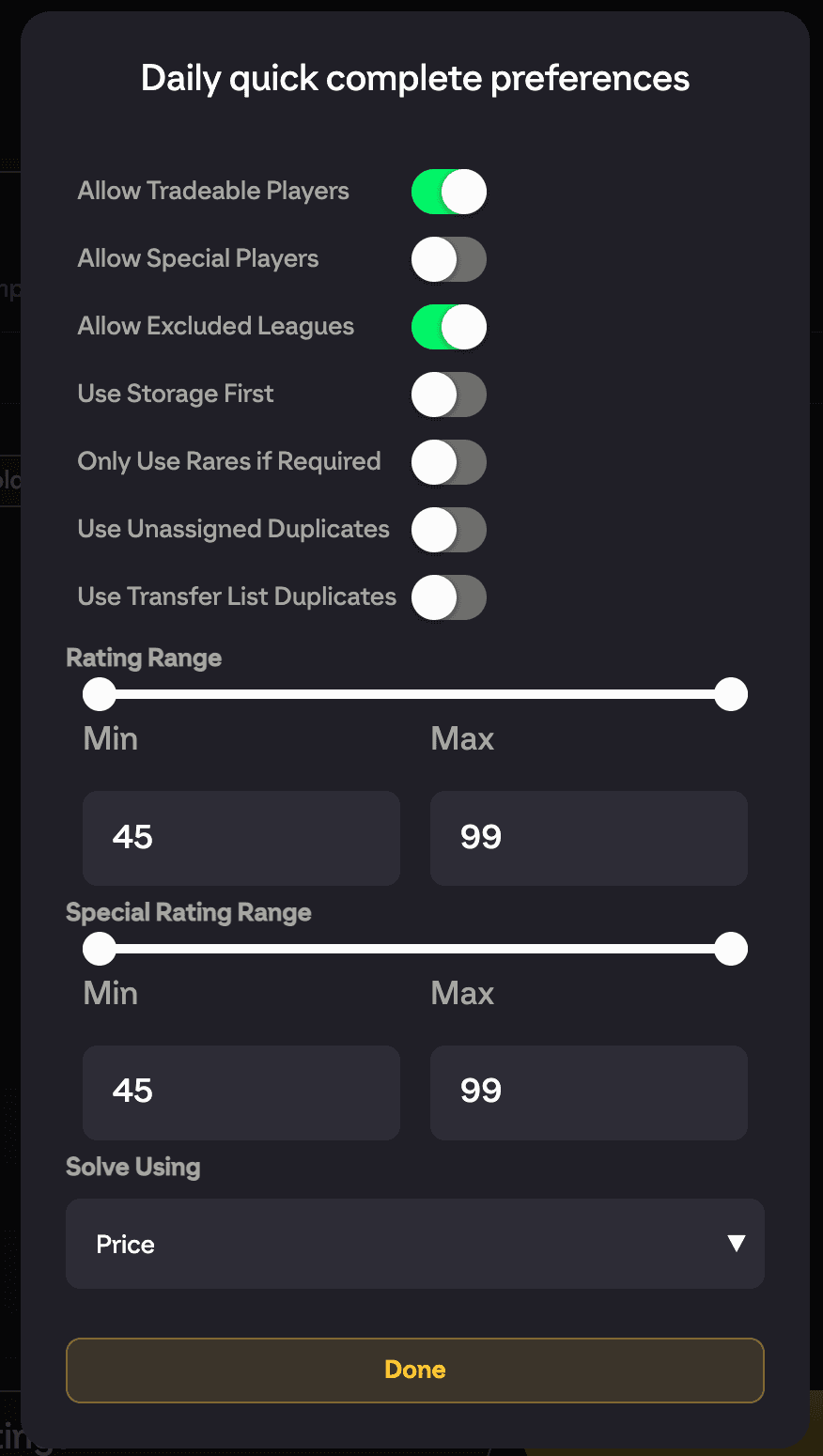 The Daily quick complete preferences modal showing the toggles, rating sliders and Solve Using choice