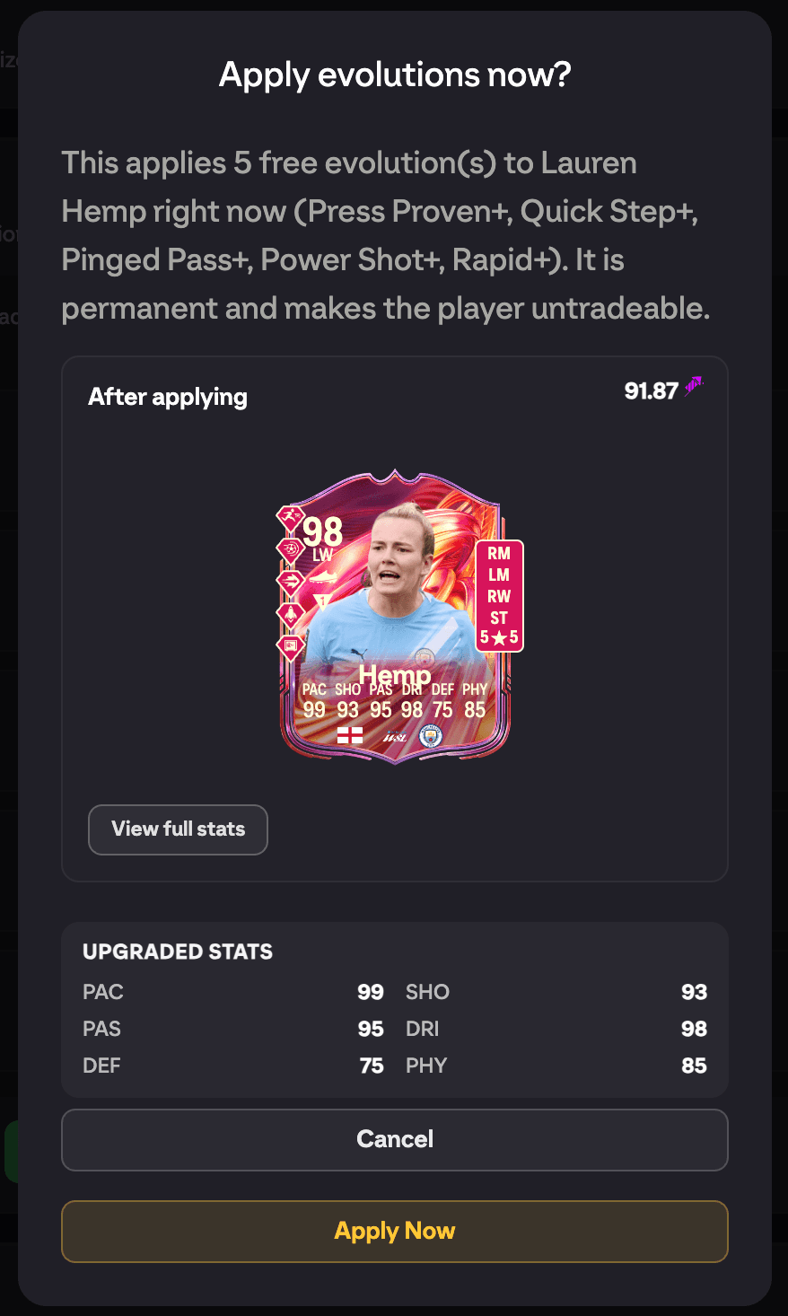 The Apply evolutions now confirm dialog warning that applying is permanent and makes the player untradeable