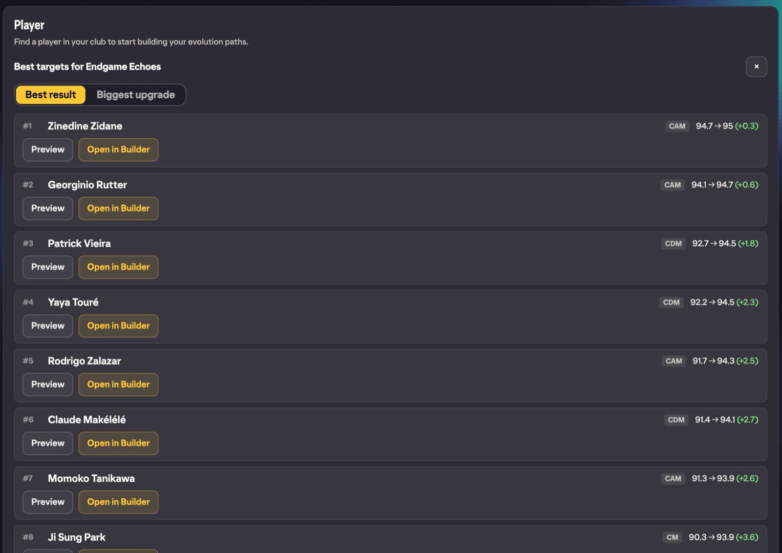 Best targets results after tapping an evolution with no player selected, showing the ranking toggle and Open in Builder buttons