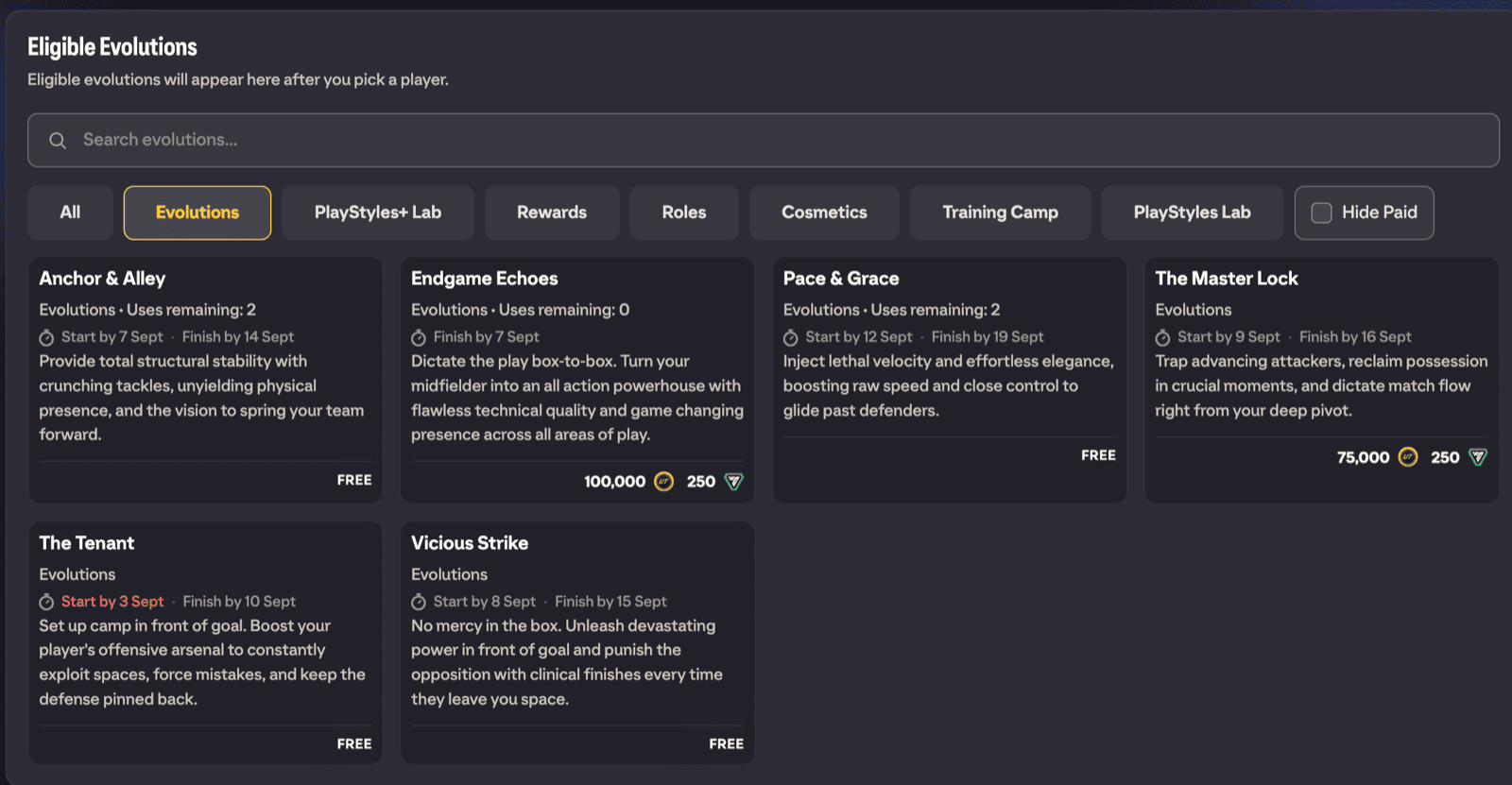 Eligible Evolutions grid showing the search box, category tabs, Hide Paid toggle and evolution cards with costs and deadlines