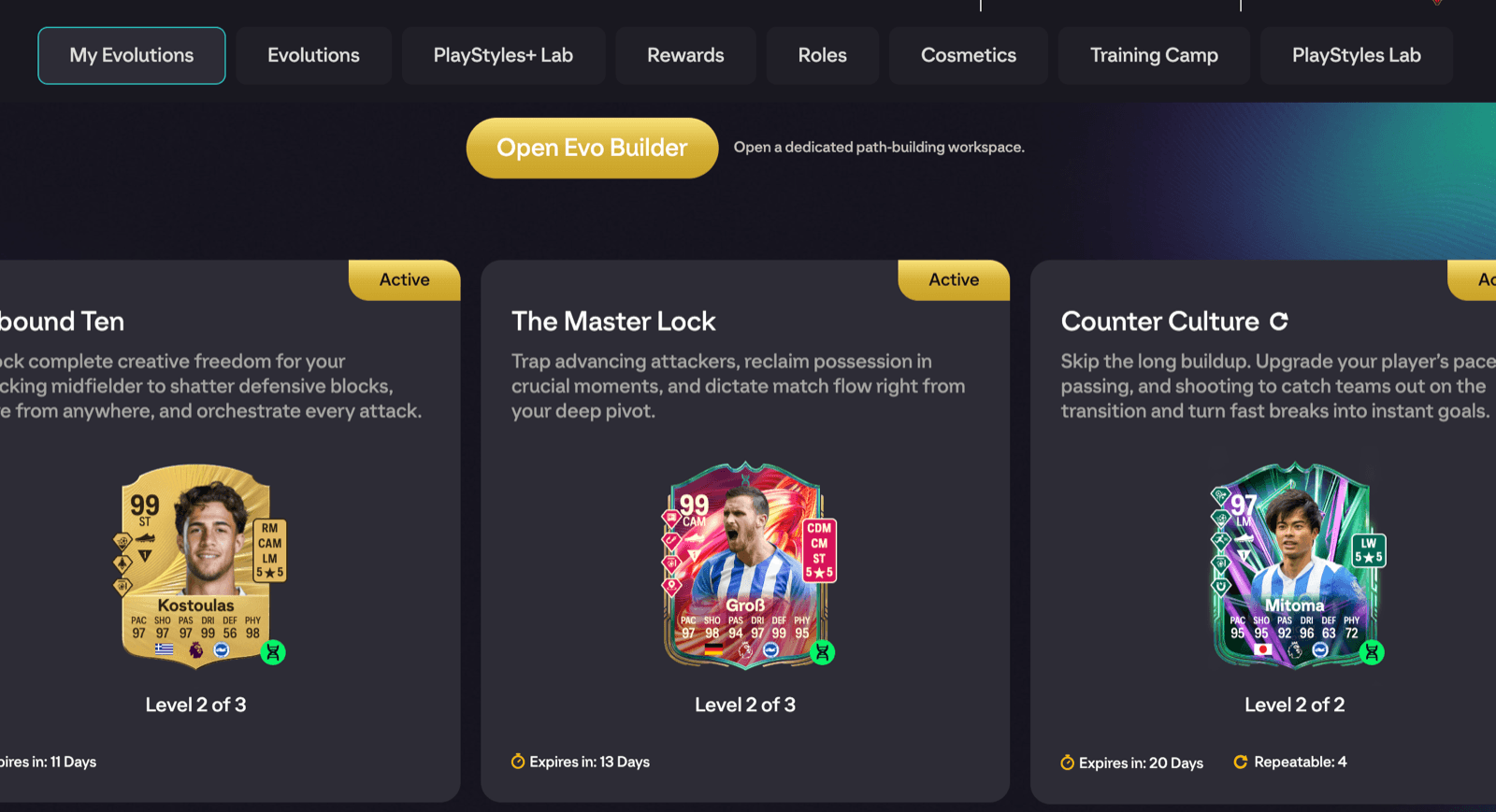 The Open Evo Builder button injected below the nav on EA's Evolutions hub