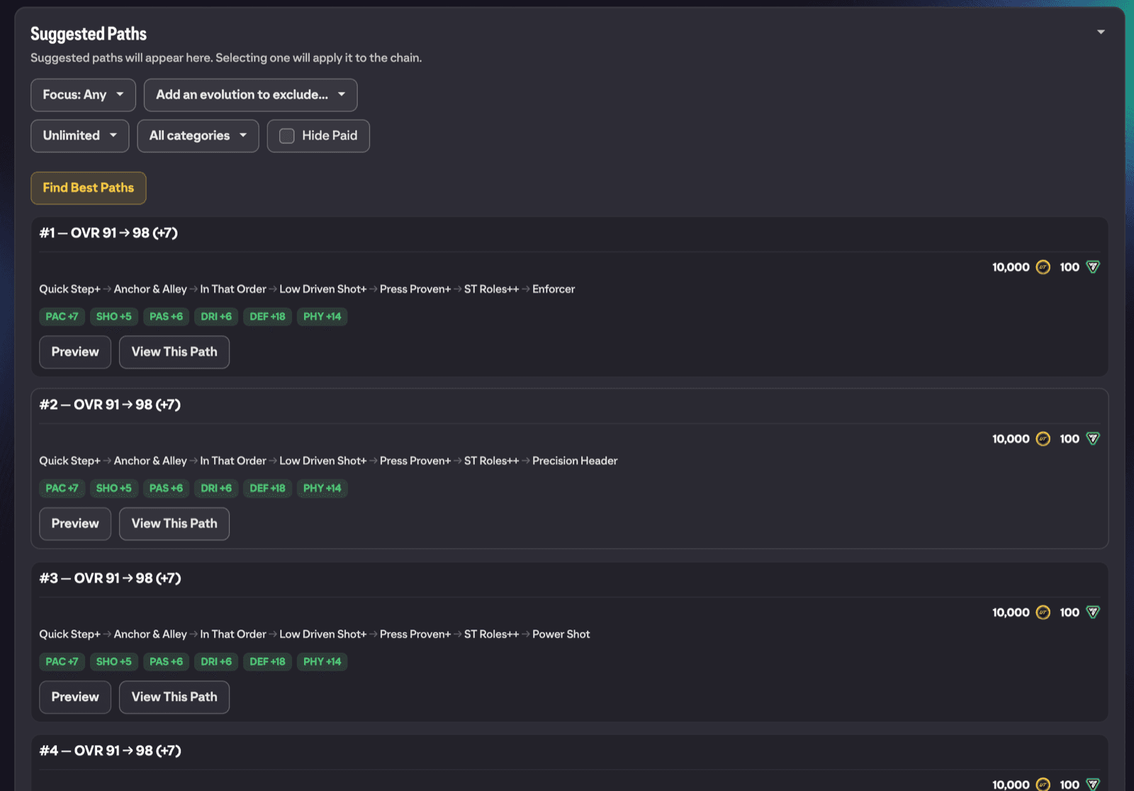 Suggested Paths results showing the path length dropdown, filters and result rows with After This Path previews