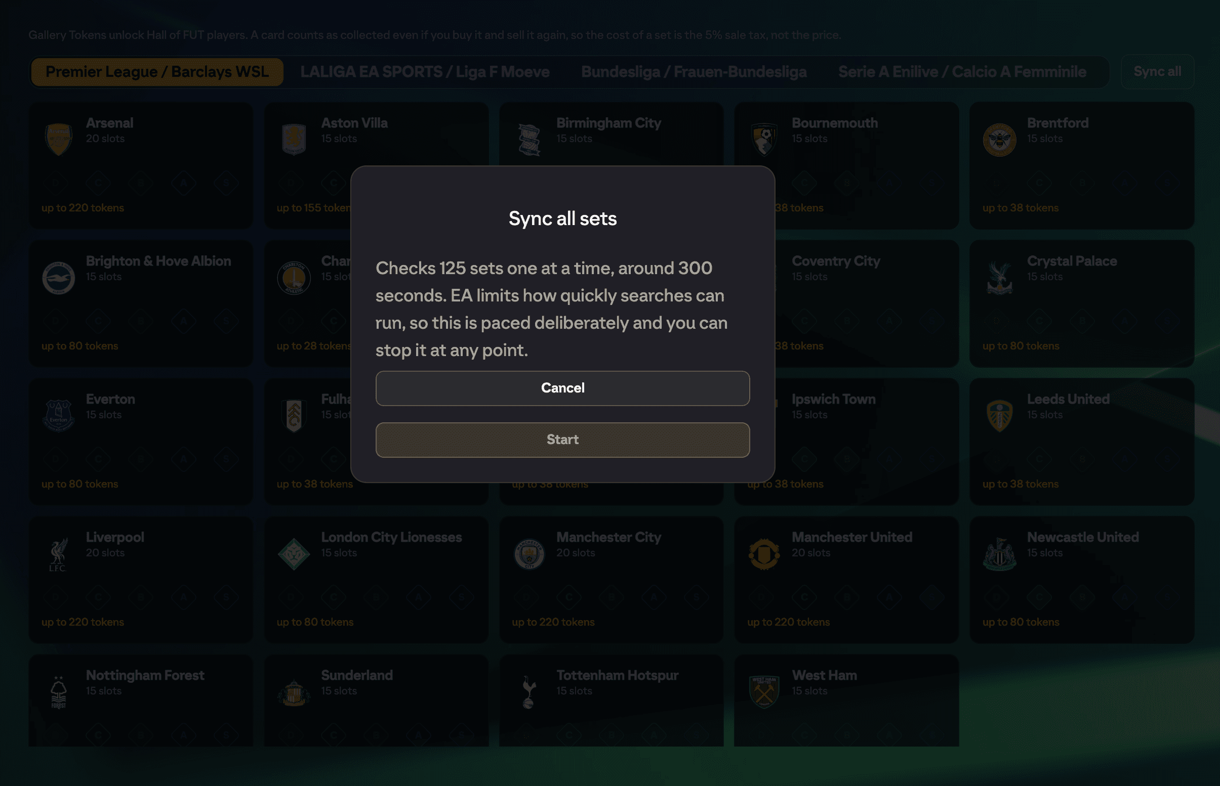 The Sync all confirmation, showing how many sets will be checked and how long it takes