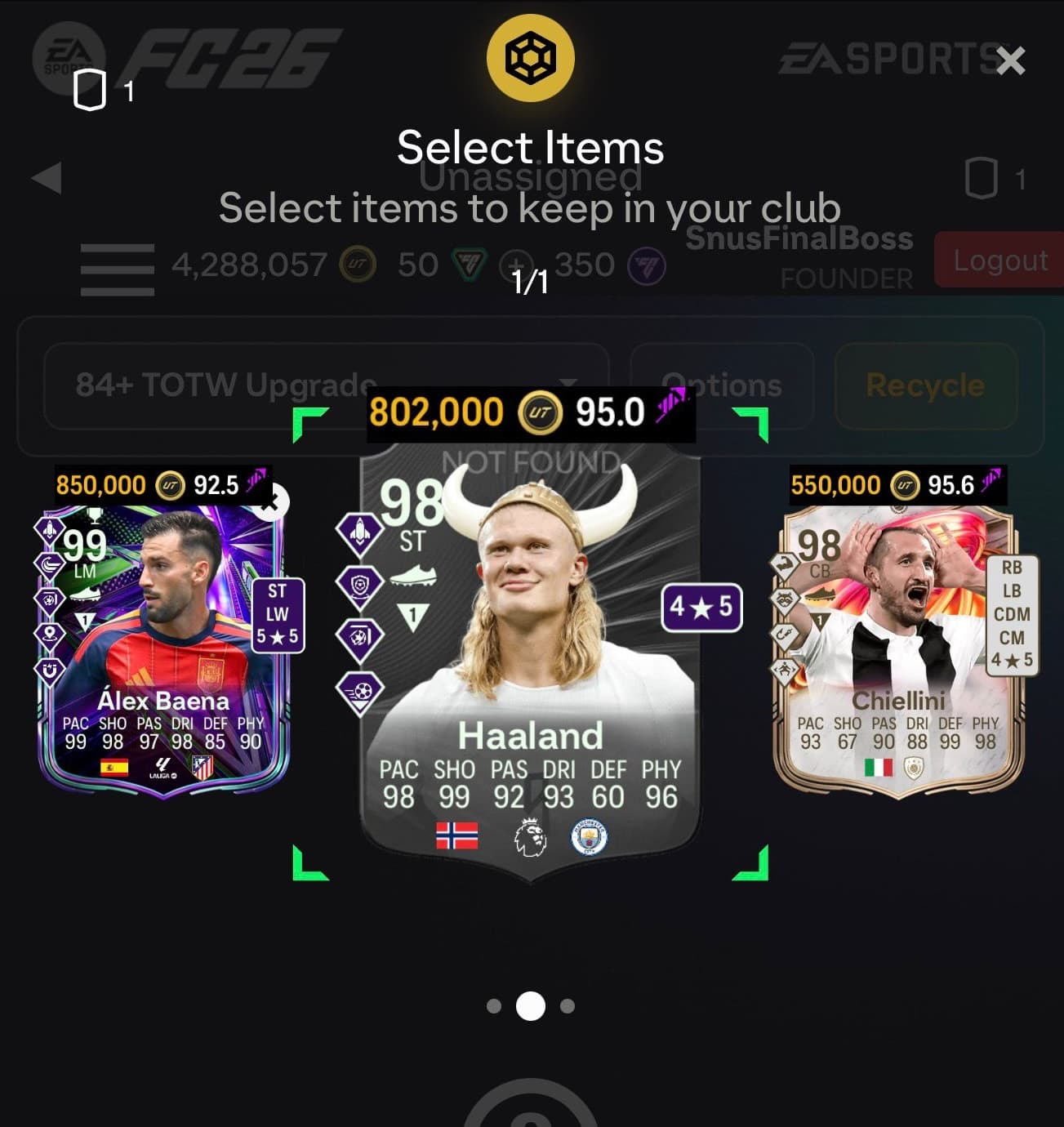 A player pick offering a 99 Álex Baena, a 98 Haaland and a 98 Chiellini, each showing its price and Genie Grade