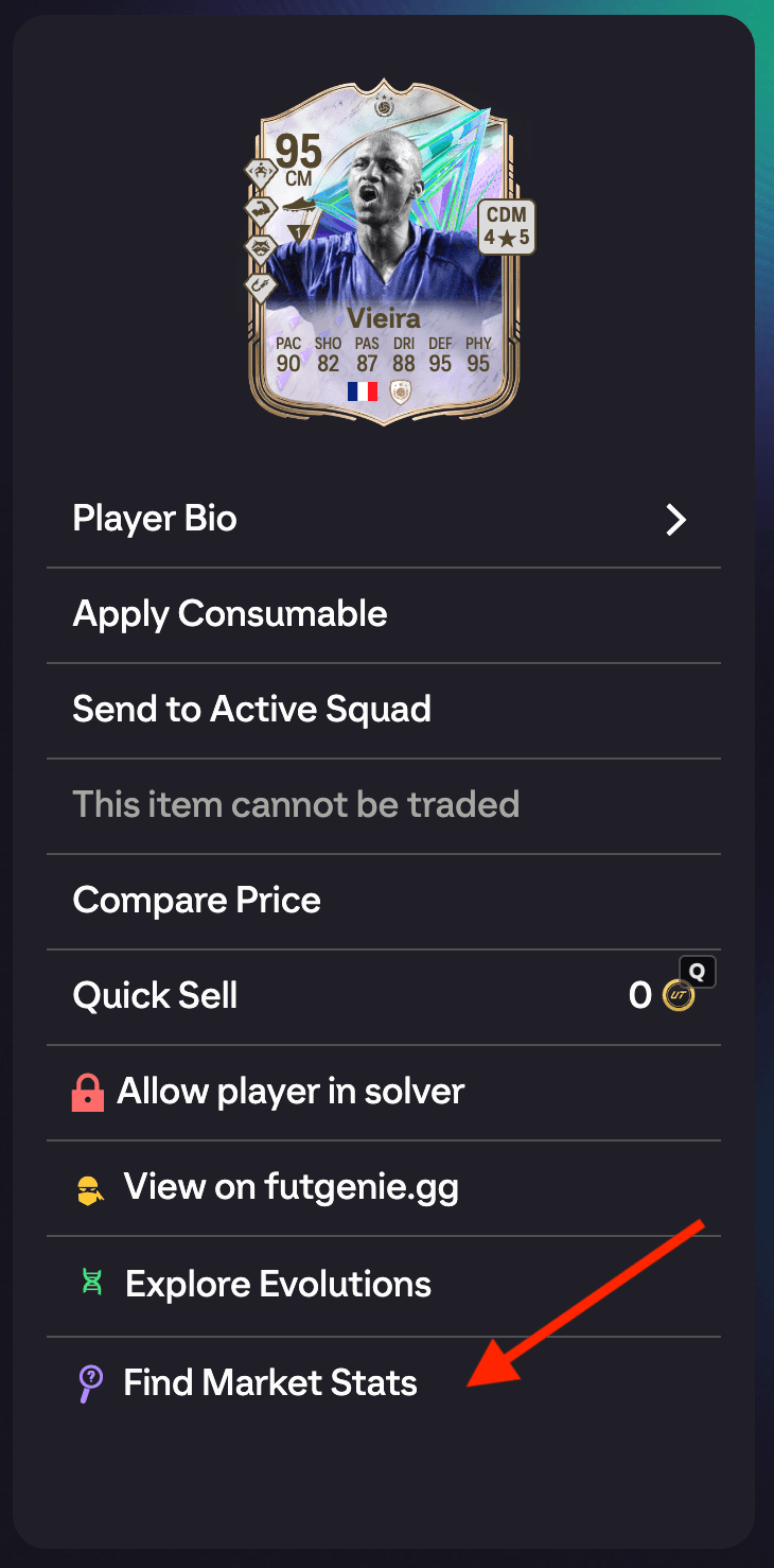 An item detail panel with the Find Market Stats action highlighted