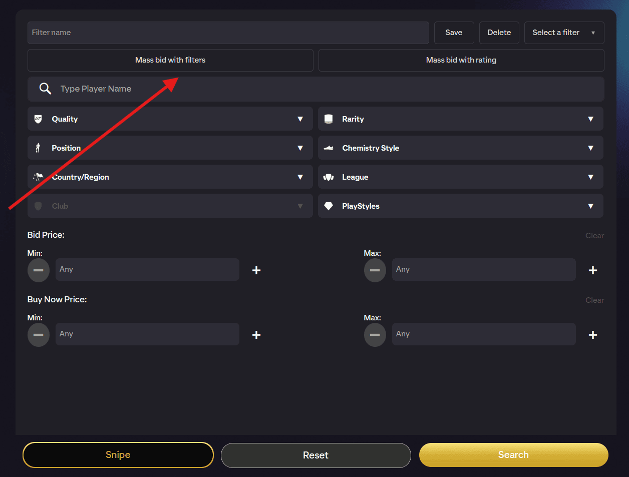 Filters mass bid button