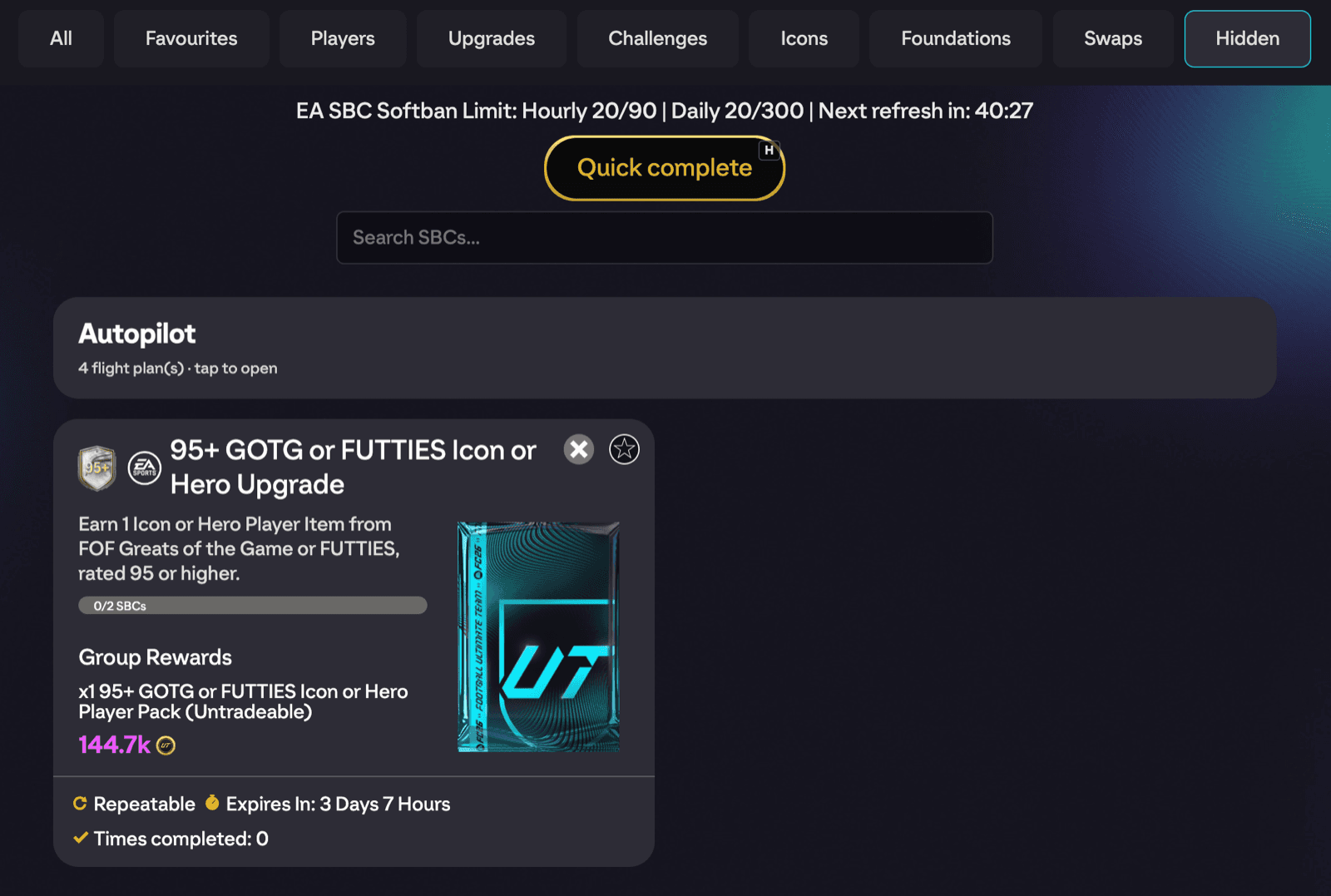 The SBC hub filter bar showing the Hidden tab selected with a hidden set tile and its unhide button