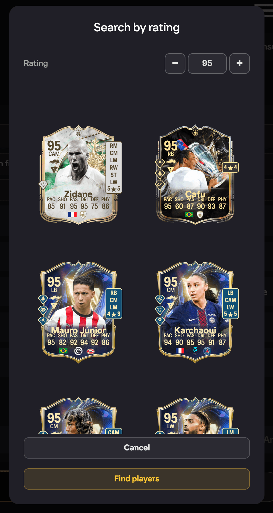 Search by rating results showing a grid of player cards at the chosen rating