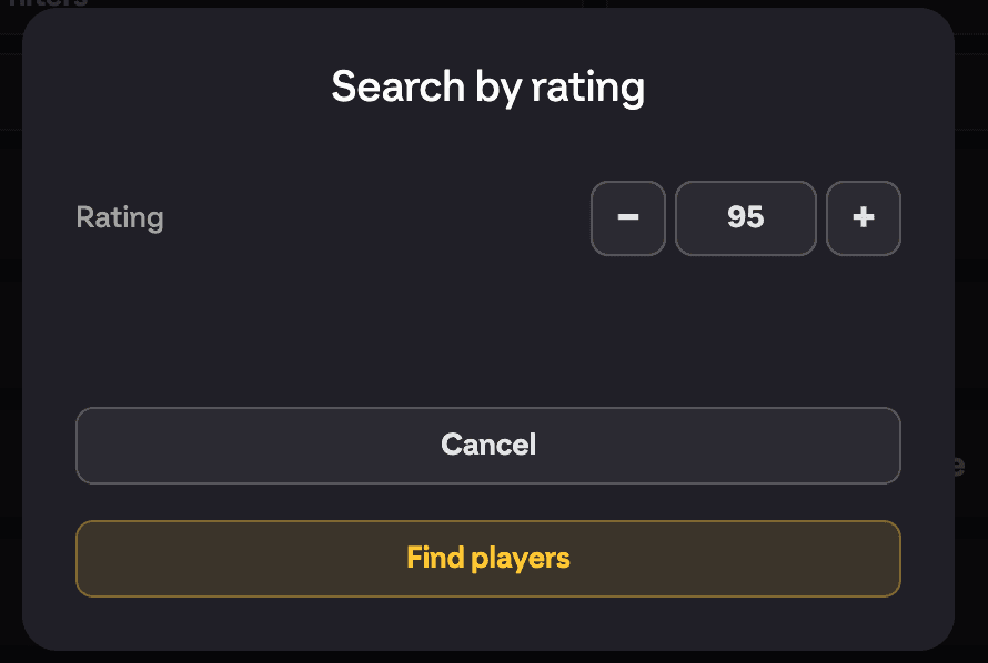 Search by rating modal with the rating input and Find players button
