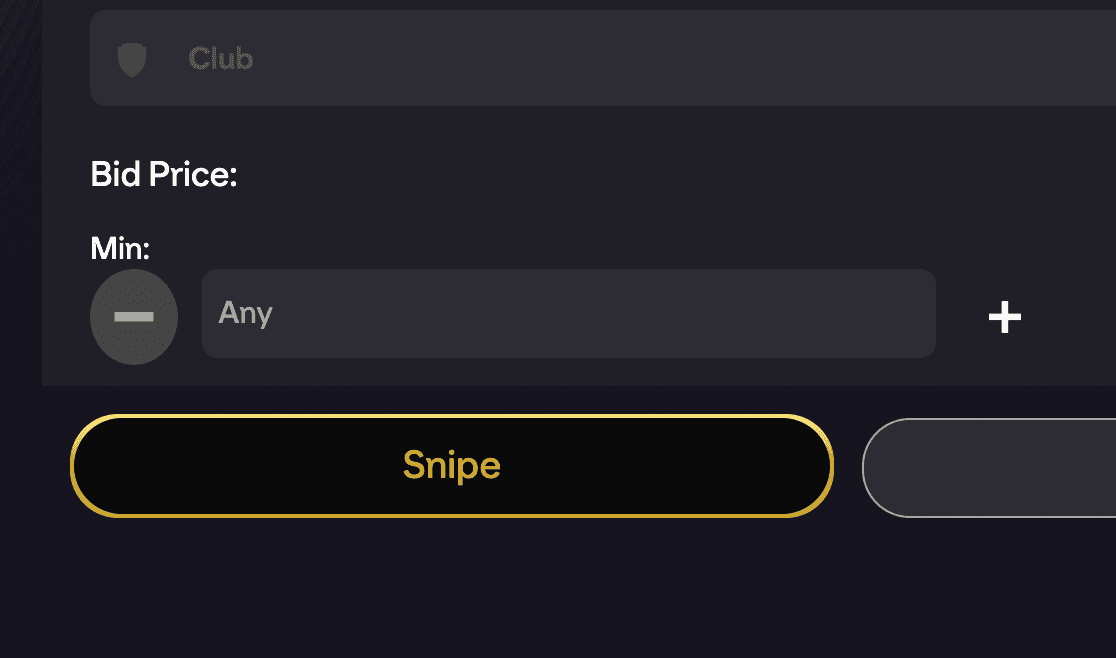 Transfer market search filters screen showing the Snipe button injected to the left of EA's Search button