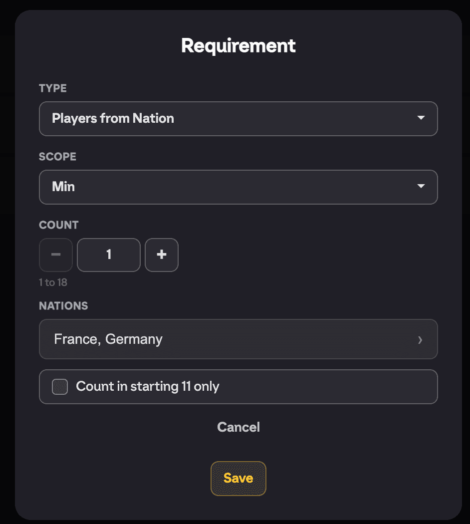 Requirement editor showing the Type dropdown open with the 11 requirement types, plus Scope, Count and the Count in starting 11 only checkbox