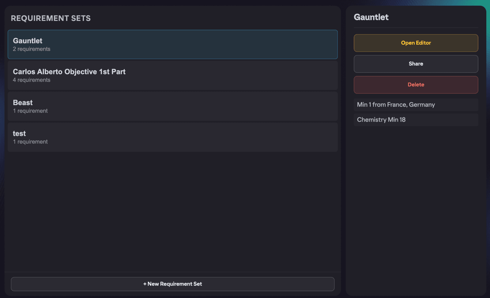Requirement Sets list with a couple of saved sets, one selected showing the Open Editor, Share and Delete buttons