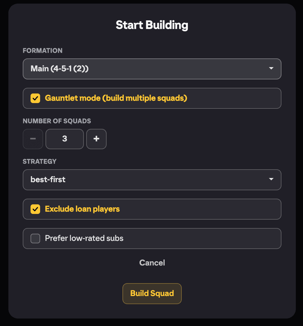 Start Building popup with the Formation dropdown, Gauntlet mode checkbox ticked showing Number of squads and Strategy, plus the Exclude loan players and Prefer low-rated subs checkboxes
