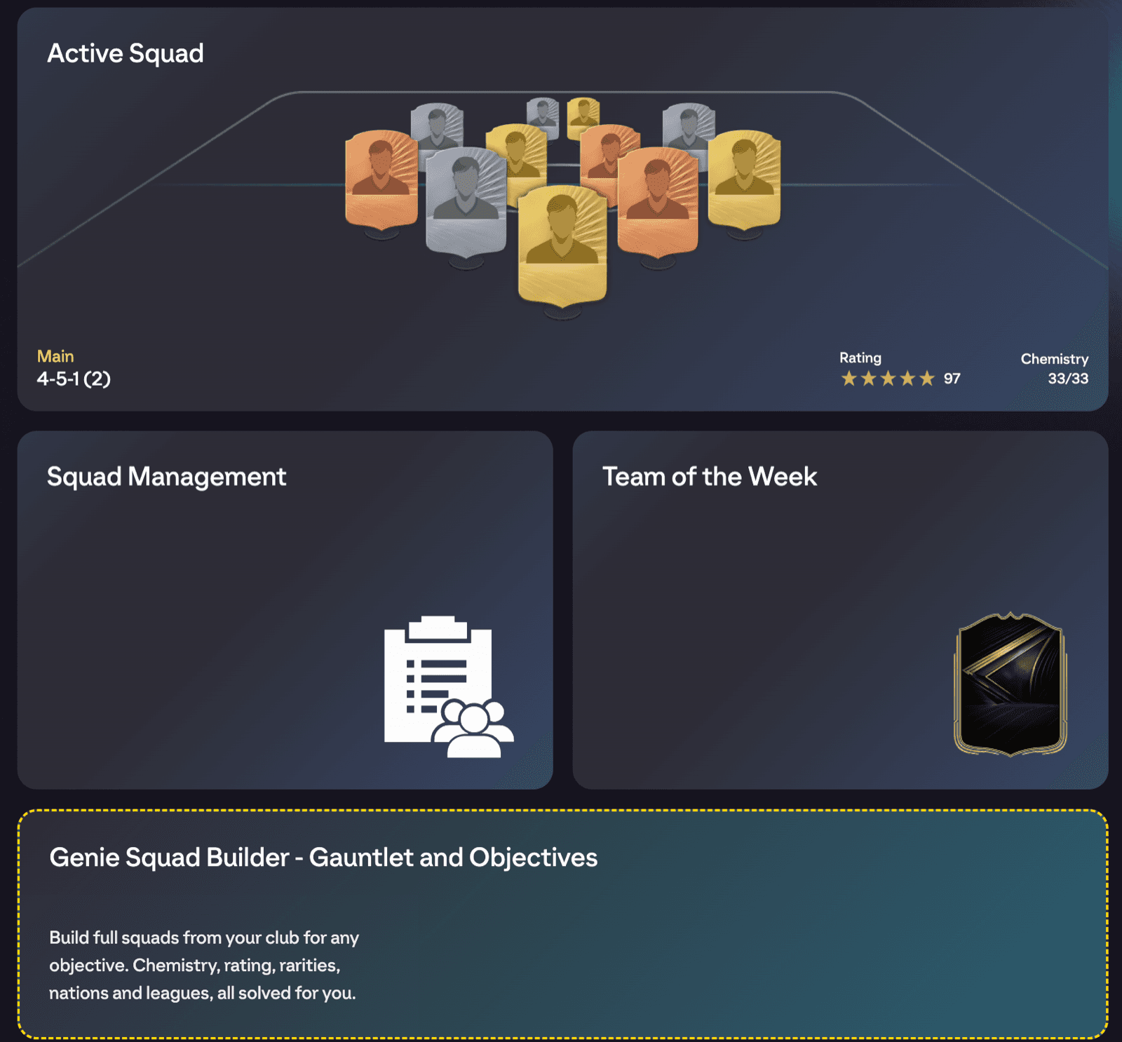 EA Squads hub with the Genie Squad Builder tile highlighted among the squad tiles