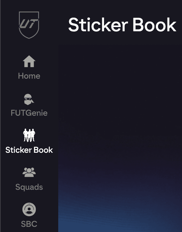 The EA web app tab bar showing the Sticker Book tab directly below the FUTGenie tab