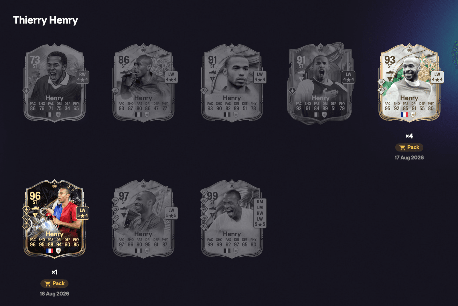 A player detail page showing multiple Versions with First obtained dates and Pack/SBC origin badges