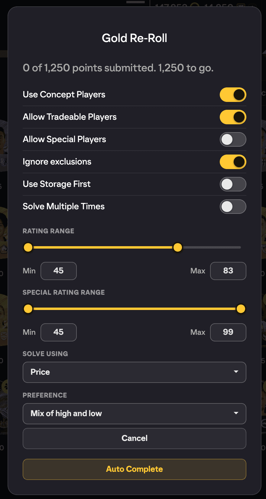 The Auto Complete options popup for Gold Re-Roll, showing points progress, the solve toggles, rating ranges, Solve Using and Preference