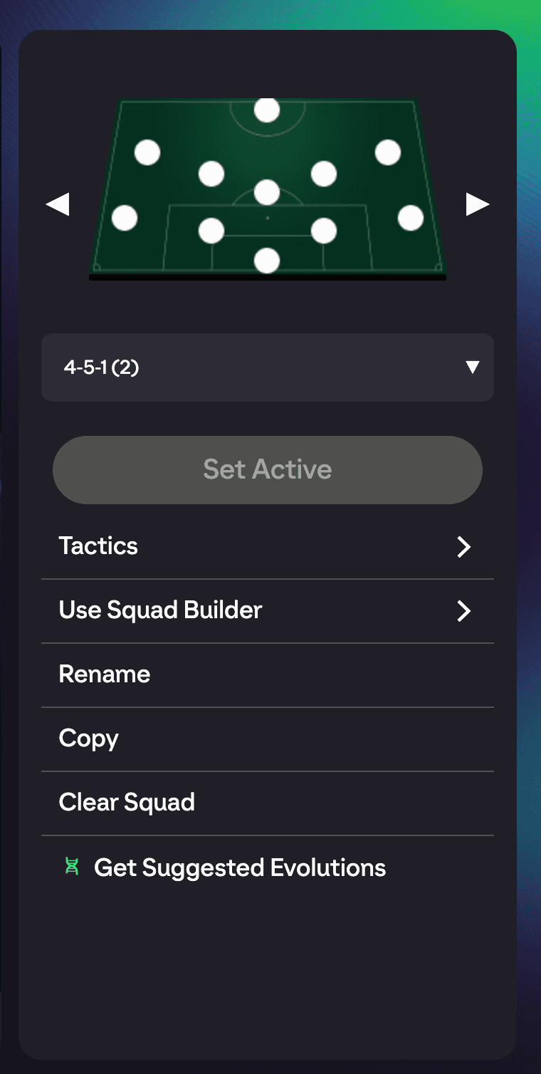The squad actions menu on a squad screen with the Get Suggested Evolutions entry and its green evolution icon