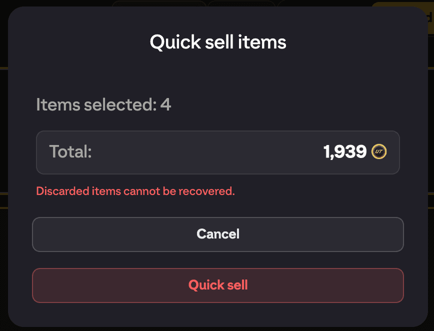 Quick sell items confirmation showing the number of items selected, the total coins and the warning that discarded items cannot be recovered