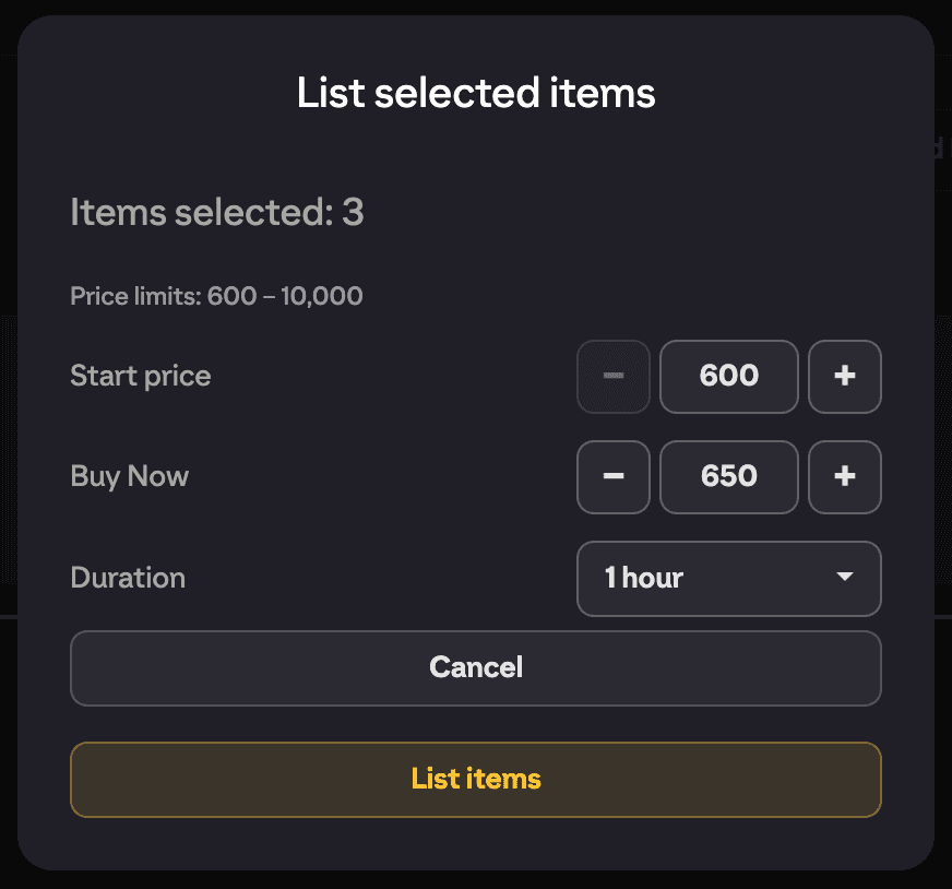 List Mode form showing Items selected count, price limits hint, Start price, Buy Now and Duration inputs