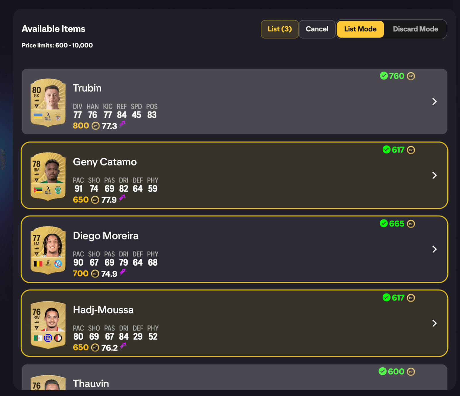 Transfer list section header in Select Multiple mode showing the List Mode / Discard Mode toggle and selected items