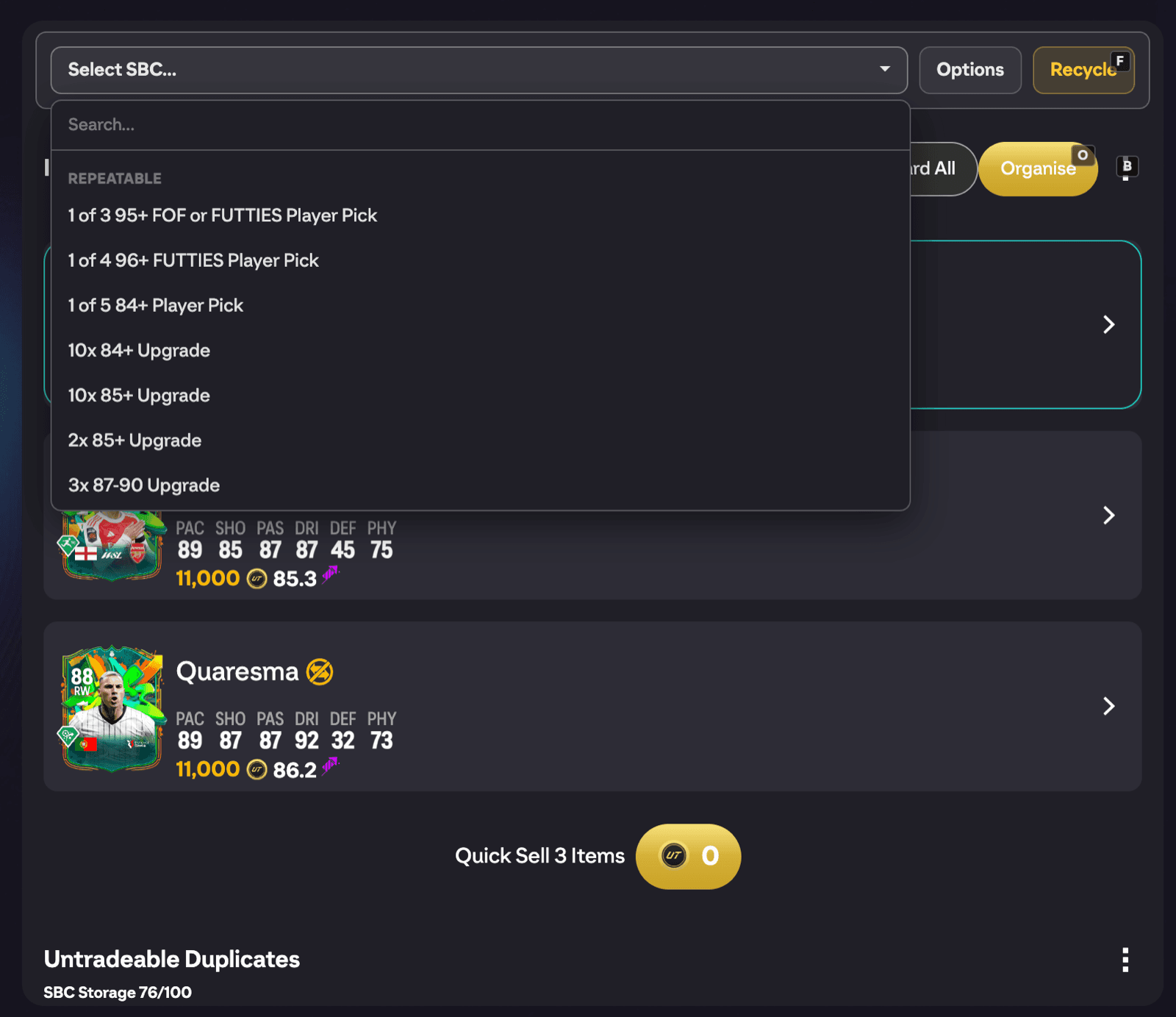 Recycle panel at the top of the Unassigned Items screen showing the Select SBC dropdown, Options button and Recycle button