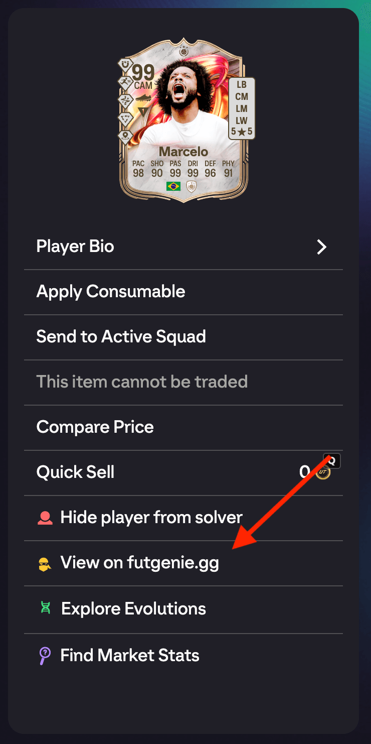 An item detail panel with the View on futgenie.gg action highlighted