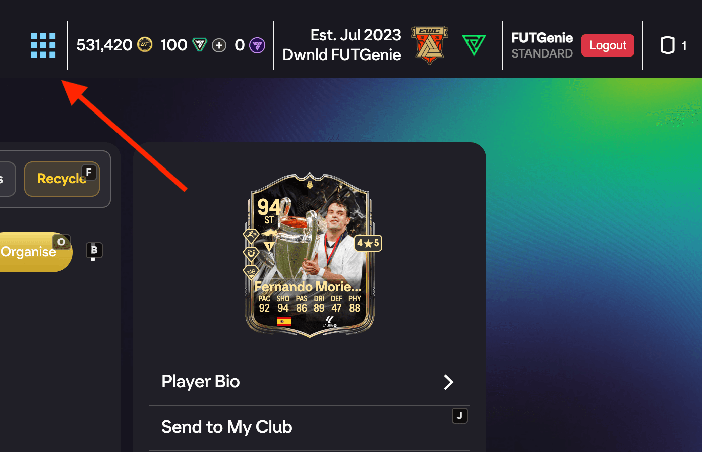 The nav bar showing the list/grid/compact toggle icon next to the coin balance, with an arrow highlighting it